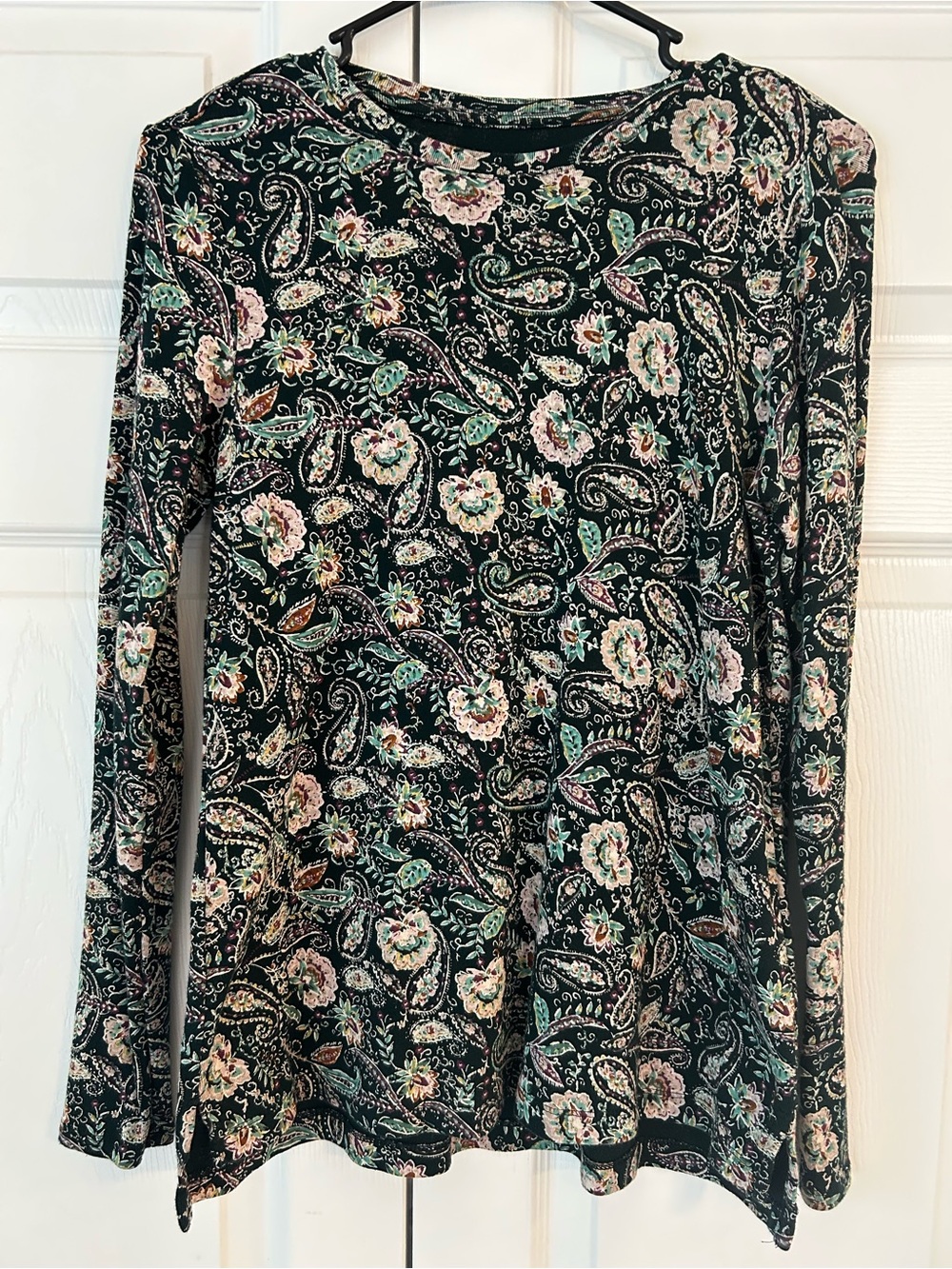 NWOT J.Jill Women’s Green Flower Print Crew Neck Tee Tunic Blouse Shirt Size XS